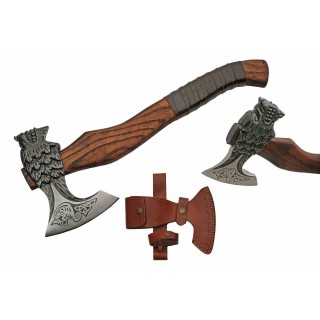 Hache Wolf Hammer Lame Acier Carbone Manche Frêne Brûlé Style Viking Étui Cuir PA882462 -  Livraison Gratuite