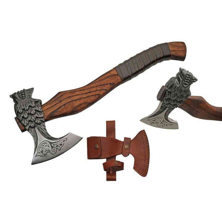 Hache Wolf Hammer Lame Acier Carbone Manche Frêne Brûlé Style Viking Étui Cuir PA882462 -  Livraison Gratuite