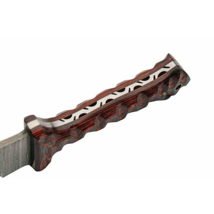 Couteau de Chasse Dague Lame Acier Damas 256 Couches Manche Bois Étui Cuir DM1371RD - Livraison Gratuite