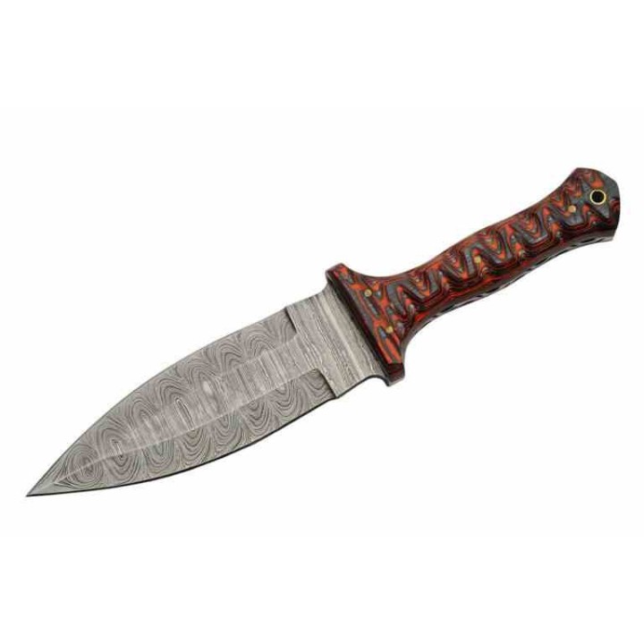 Couteau de Chasse Dague Lame Acier Damas 256 Couches Manche Bois Étui Cuir DM1371RD - Livraison Gratuite