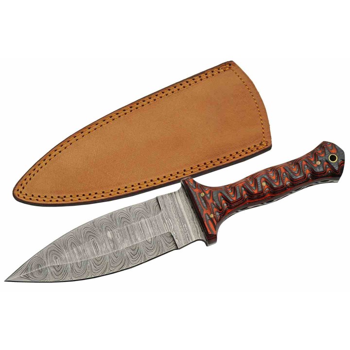 Couteau de Chasse Dague Lame Acier Damas 256 Couches Manche Bois Étui Cuir DM1371RD - Livraison Gratuite