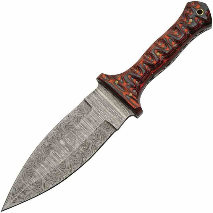 Couteau de Chasse Dague Lame Acier Damas 256 Couches Manche Bois Étui Cuir DM1371RD - Livraison Gratuite