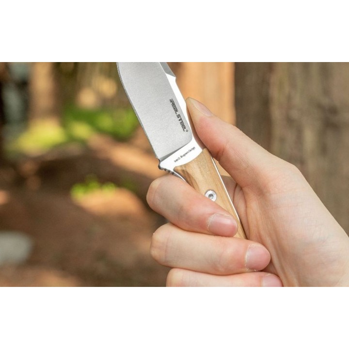 Couteau Real Steel Furrier Harpoon Lame Acier N690 Manche Olive Wood Etui Cuir RS3612W - Livraison Gratuite