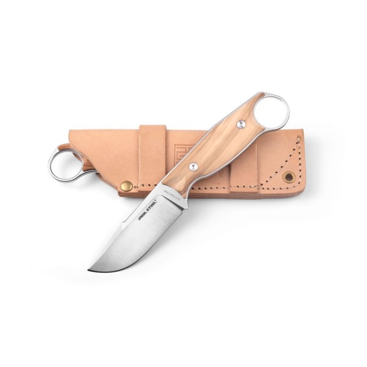 Couteau Real Steel Furrier Harpoon Lame Acier N690 Manche Olive Wood Etui Cuir RS3612W - Livraison Gratuite