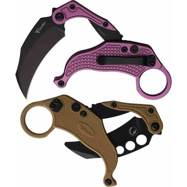 Set de 2 Karambits Reate Knives EXO-K Button Lock Manche Purple Lame Acier N690 Clip + Trainer REA122 - Livraison Gratuite