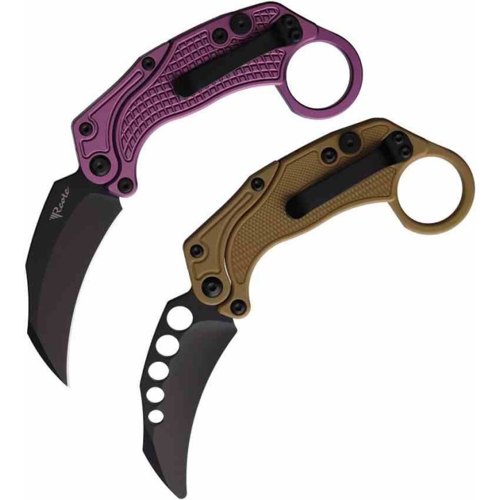 Set de 2 Karambits Reate Knives EXO-K Button Lock Manche Purple Lame Acier N690 Clip + Trainer REA122 - Livraison Gratuite