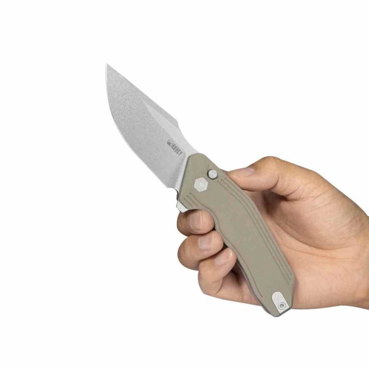 Couteau Kubey Basilisk Tan Manche G10 Lame Tanto Acier 14C28N SW IKBS Button Lock Clip KUB391C - Livraison Gratuite