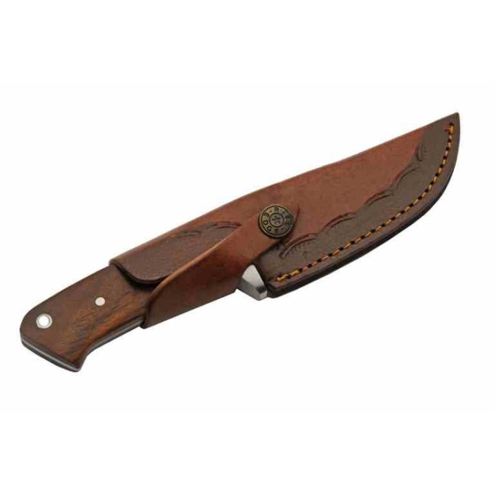 Couteau de Chasse Lame Drop Point Acier Damas Manche Bois Etui Cuir DM1335 - Livraison Gratuite