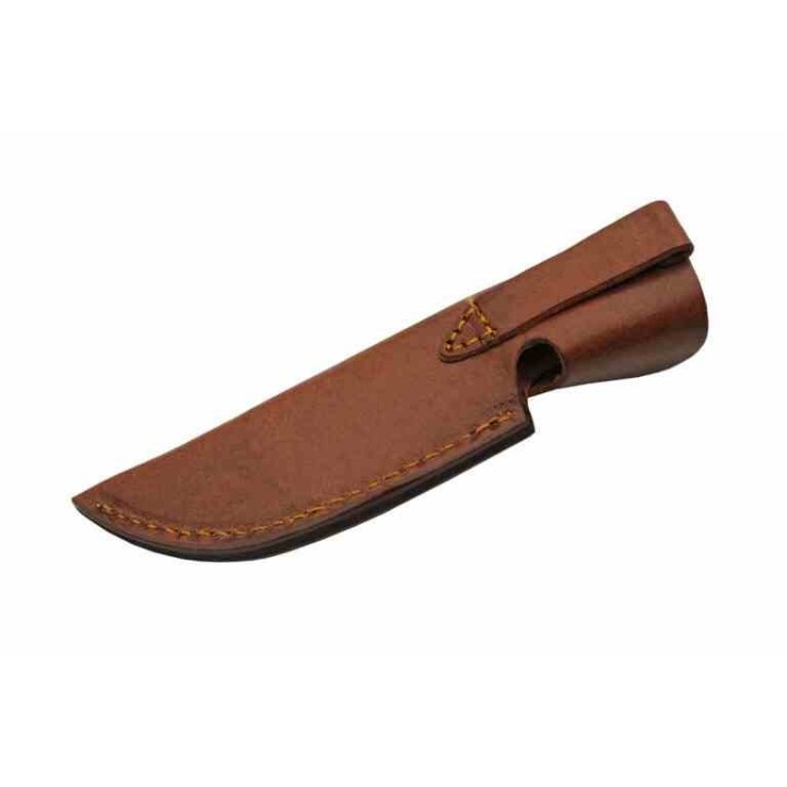 Couteau de Chasse Lame Drop Point Acier Damas Manche Bois Etui Cuir DM1335 - Livraison Gratuite