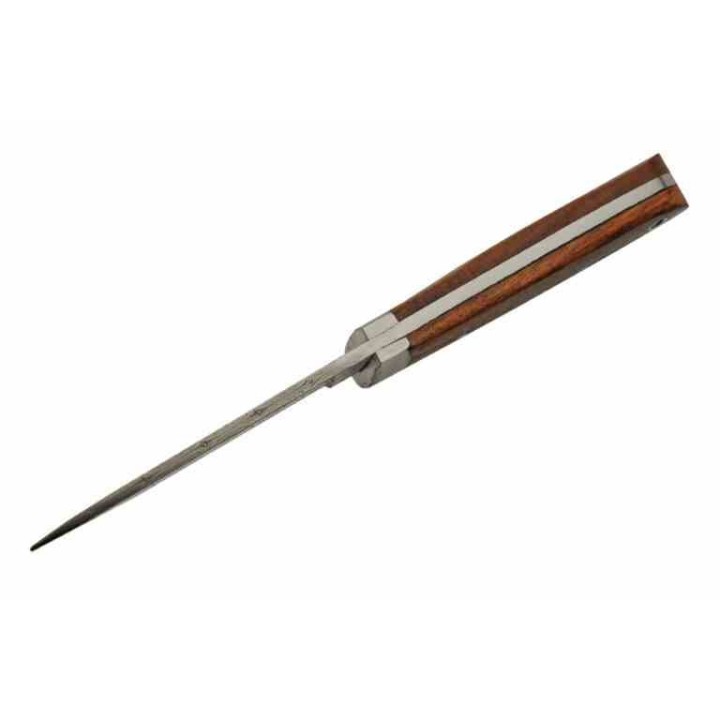 Couteau de Chasse Lame Drop Point Acier Damas Manche Bois Etui Cuir DM1335 - Livraison Gratuite