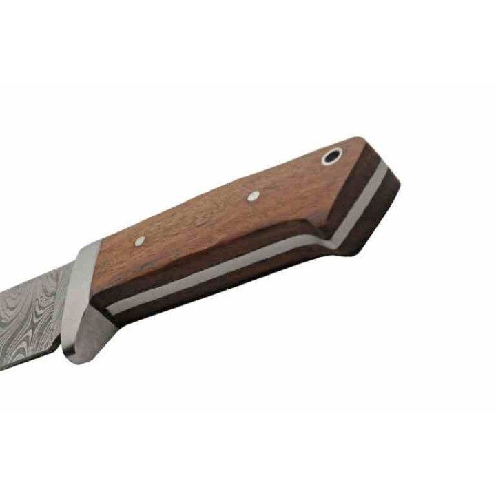 Couteau de Chasse Lame Drop Point Acier Damas Manche Bois Etui Cuir DM1335 - Livraison Gratuite
