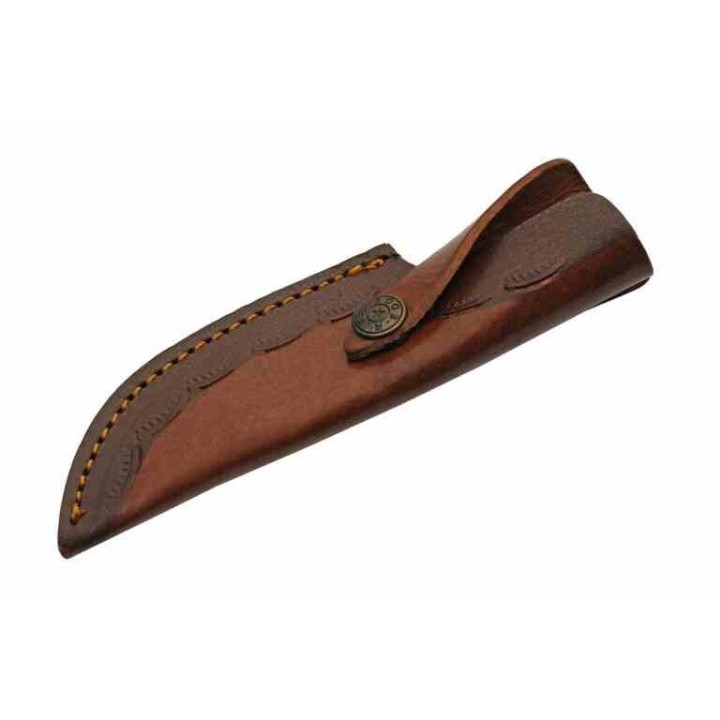Couteau de Chasse Lame Drop Point Acier Damas Manche Bois Etui Cuir DM1335 - Livraison Gratuite
