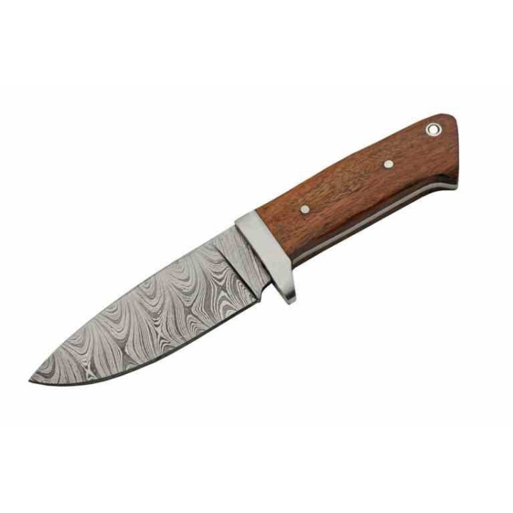 Couteau de Chasse Lame Drop Point Acier Damas Manche Bois Etui Cuir DM1335 - Livraison Gratuite