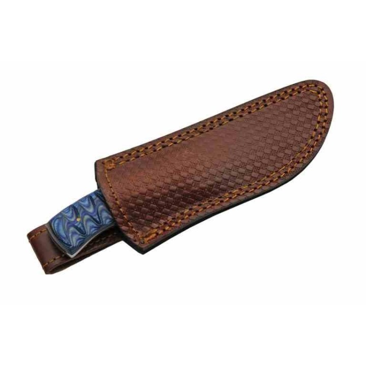 Couteau de Chasse Blue Lake Ripple Lame Acier Damas Manche Bois/Résine Etui Cuir DM1302BL - Livraison Gratuite