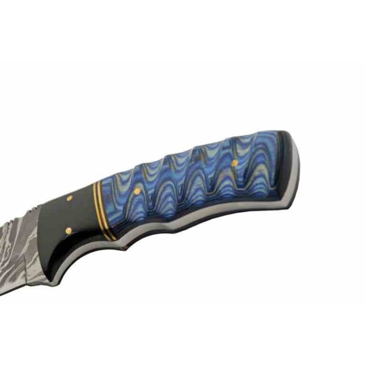 Couteau de Chasse Blue Lake Ripple Lame Acier Damas Manche Bois/Résine Etui Cuir DM1302BL - Livraison Gratuite