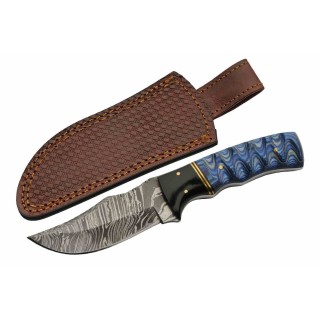 Couteau de Chasse Blue Lake Ripple Lame Acier Damas Manche Bois/Résine Etui Cuir DM1302BL - Livraison Gratuite