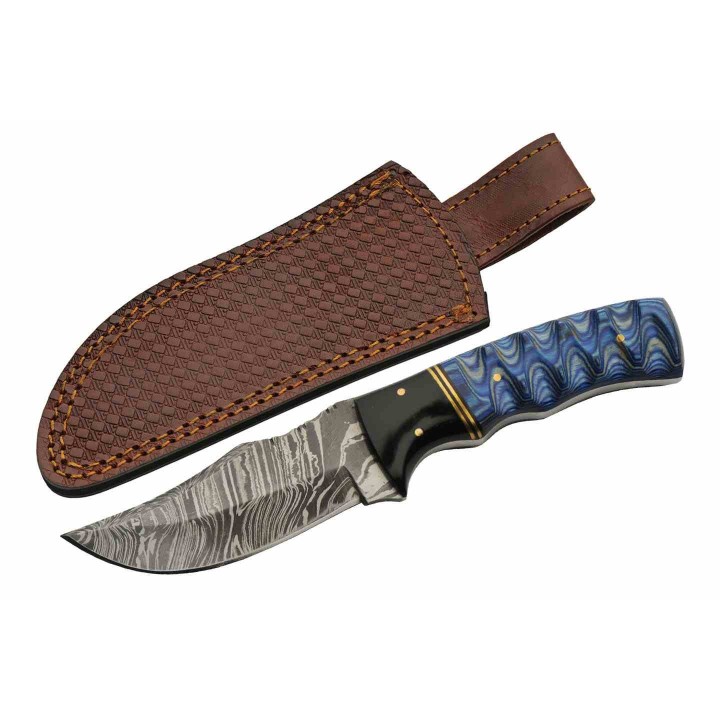 Couteau de Chasse Blue Lake Ripple Lame Acier Damas Manche Bois/Résine Etui Cuir DM1302BL - Livraison Gratuite