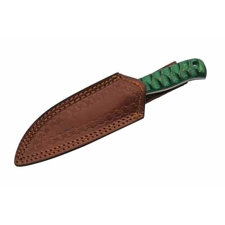 Couteau de Chasse Green Exotic Lame Acier Damas Manche Bois Etui Cuir DM1290GN - Livraison Gratuite