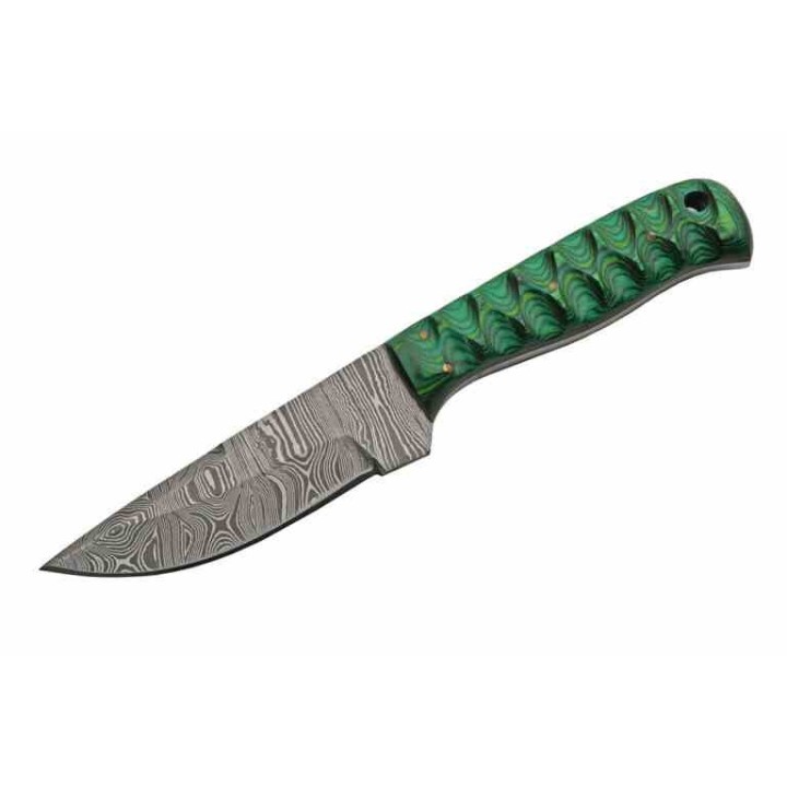 Couteau de Chasse Green Exotic Lame Acier Damas Manche Bois Etui Cuir DM1290GN - Livraison Gratuite