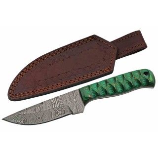 Couteau de Chasse Green Exotic Lame Acier Damas Manche Bois Etui Cuir DM1290GN - Livraison Gratuite