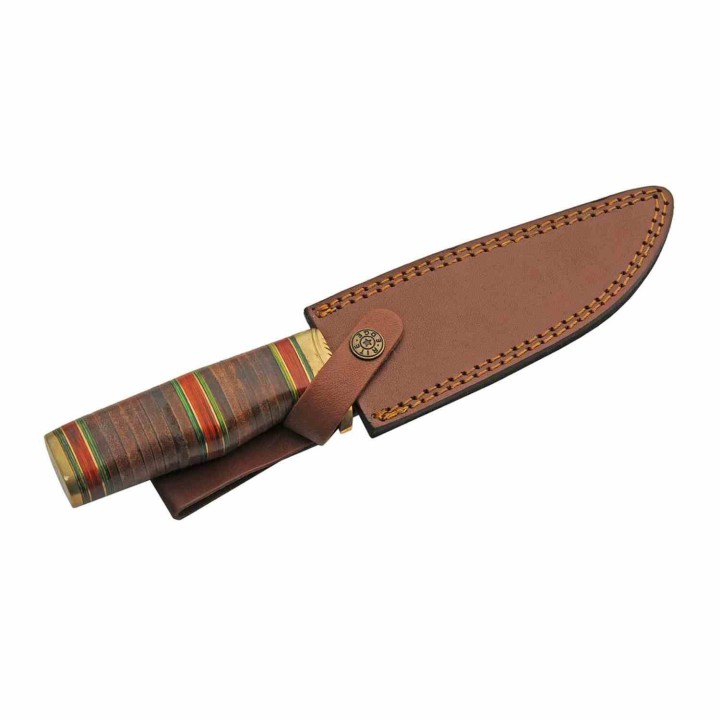 Couteau de Chasse Bowie Lame Acier Inox Manche Cuir Étui Cuir PA203469 - Livraison Gratuite