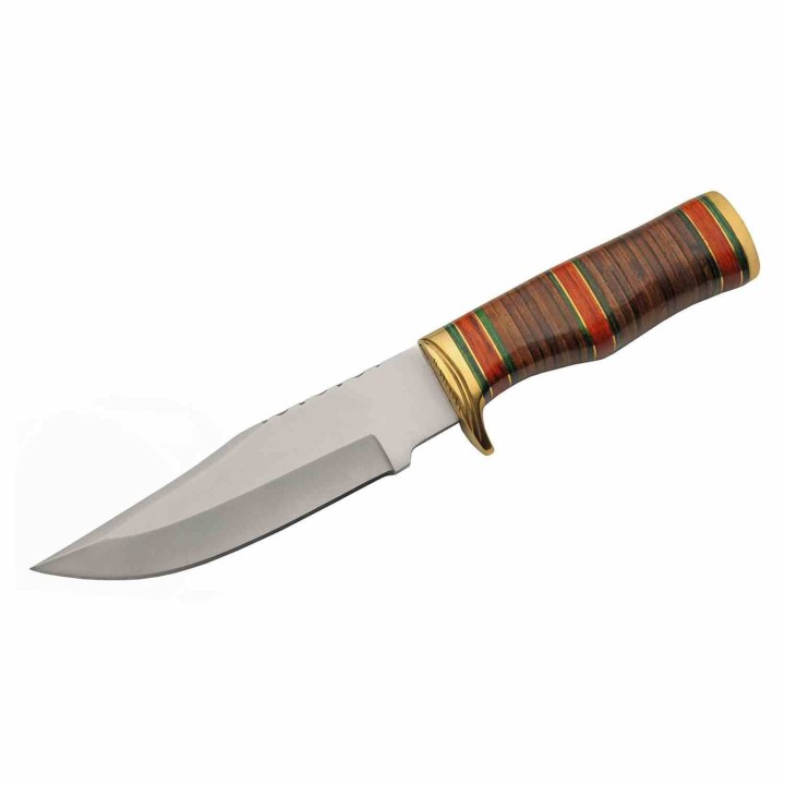 Couteau de Chasse Bowie Lame Acier Inox Manche Cuir Étui Cuir PA203469 - Livraison Gratuite