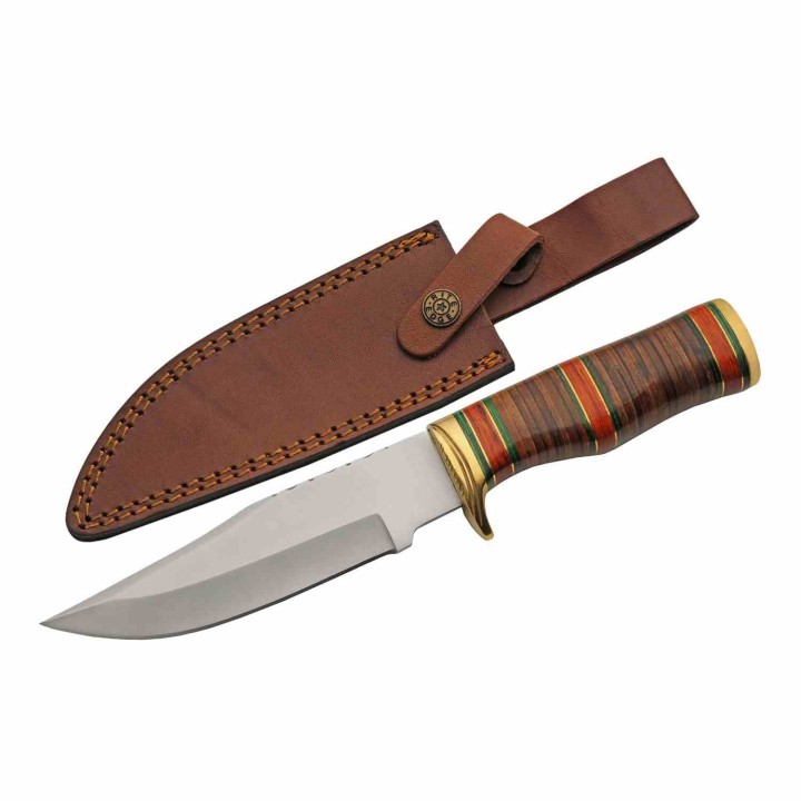 Couteau de Chasse Bowie Lame Acier Inox Manche Cuir Étui Cuir PA203469 - Livraison Gratuite