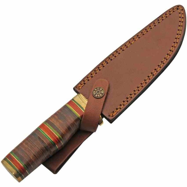 Couteau de Chasse Bowie Lame Acier Inox Manche Cuir Étui Cuir PA203469 - Livraison Gratuite