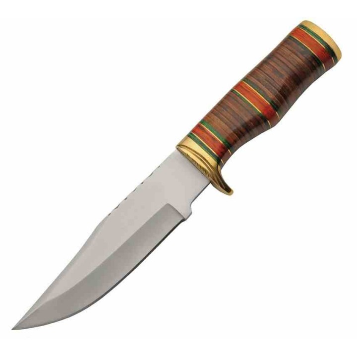 Couteau de Chasse Bowie Lame Acier Inox Manche Cuir Étui Cuir PA203469 - Livraison Gratuite