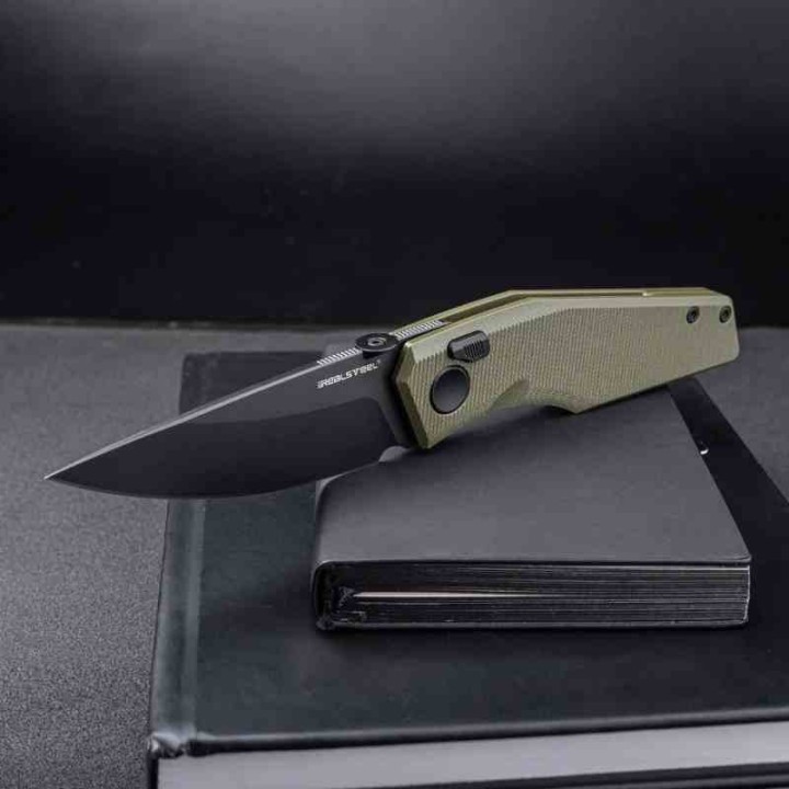 Couteau Real Steel Spectrum Green Lame Acier Nitro V Black Manche G10 IKBS Button Lock RS7142GB - Livraison Gratuite