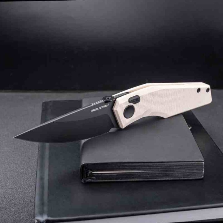 Couteau Real Steel Spectrum Tan Lame Acier Nitro V Black Manche G10 IKBS Button Lock RS7142IB - Livraison Gratuite