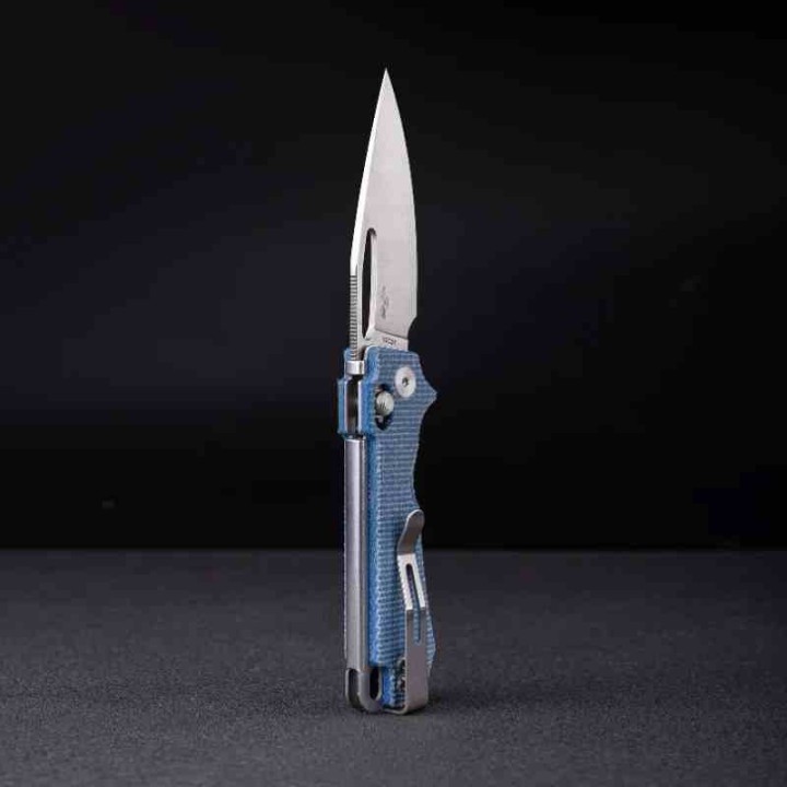 Couteau Real Steel Vis Denim Lame Acier 12C27N Manche Micarta Crossbar Lock IKBS Clip RS8051DM - Livraison Gratuite