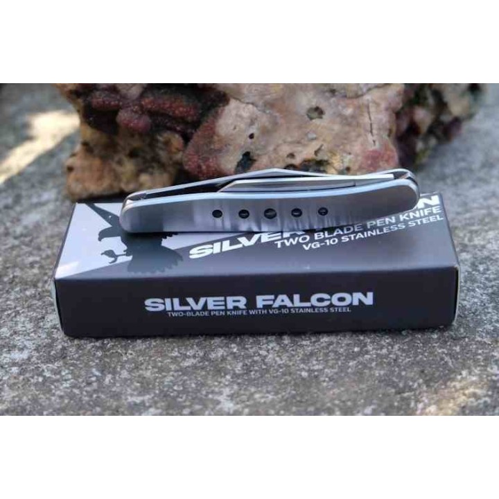 Lot de 2 Couteau Silver Falcon 2 Lames Clip Point & Pen Acier VG-10 Manche Acier Slip Joint SF593 - Livraison Gratuite