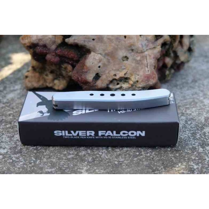 Lot de 2 Couteau Silver Falcon 2 Lames Clip Point & Pen Acier VG-10 Manche Acier Slip Joint SF593 - Livraison Gratuite