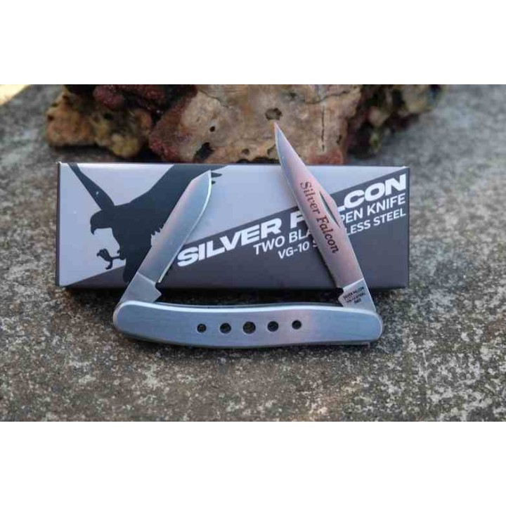 Lot de 2 Couteau Silver Falcon 2 Lames Clip Point & Pen Acier VG-10 Manche Acier Slip Joint SF593 - Livraison Gratuite
