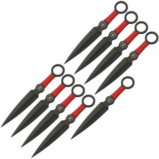 Couteaux de Lancer 9 Kunaï Rapidfire Lame Dague Acier Inox Manche Cordon Rouge Étui Nylon CN211628 - Livraison Gratuite