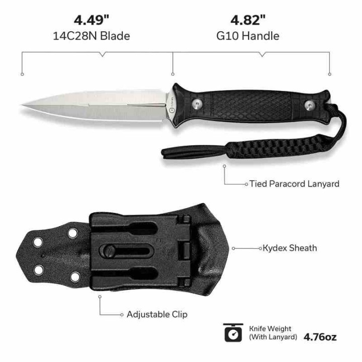 Couteau CIVIVI Perfrico Black Lame Dague Acier 14C28N Manche G-10 Étui Kydex CIVC230261 - Livraison Gratuite