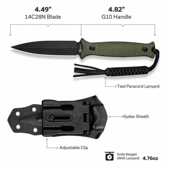 Couteau CIVIVI Perfrico OD Green Lame Dague Acier 14C28N Manche G-10 Étui Kydex CIVC230262 - Livraison Gratuite