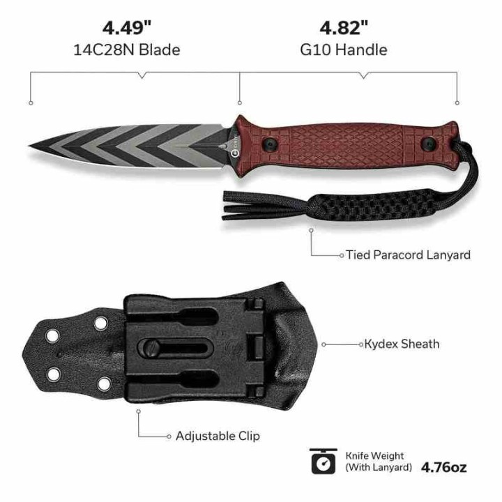 Couteau CIVIVI Perfrico Burgundy Lame Dague Acier 14C28N Manche G-10 Étui Kydex CIVC230263 - Livraison Gratuite