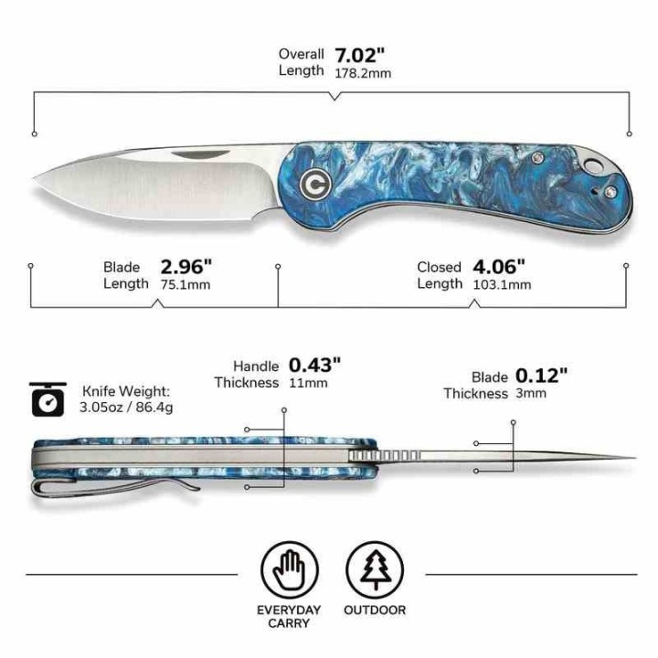 Couteau CIVIVI Elementum Slipjoint Blue Ocean Lame Drop Point Acier 14C28N Manche Résine Clip CIVC18062AJ4 - Livraison Gratuite