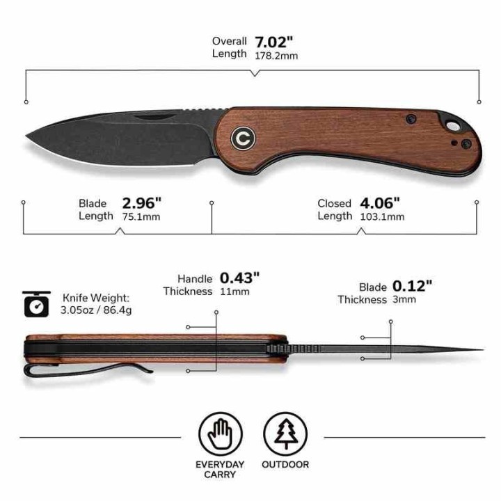 Couteau CIVIVI Elementum Slipjoint Guibourtia Lame Drop Point Acier 14C28N Blk Manche Bois CIVC18062AJ3 - Livraison Gratuite