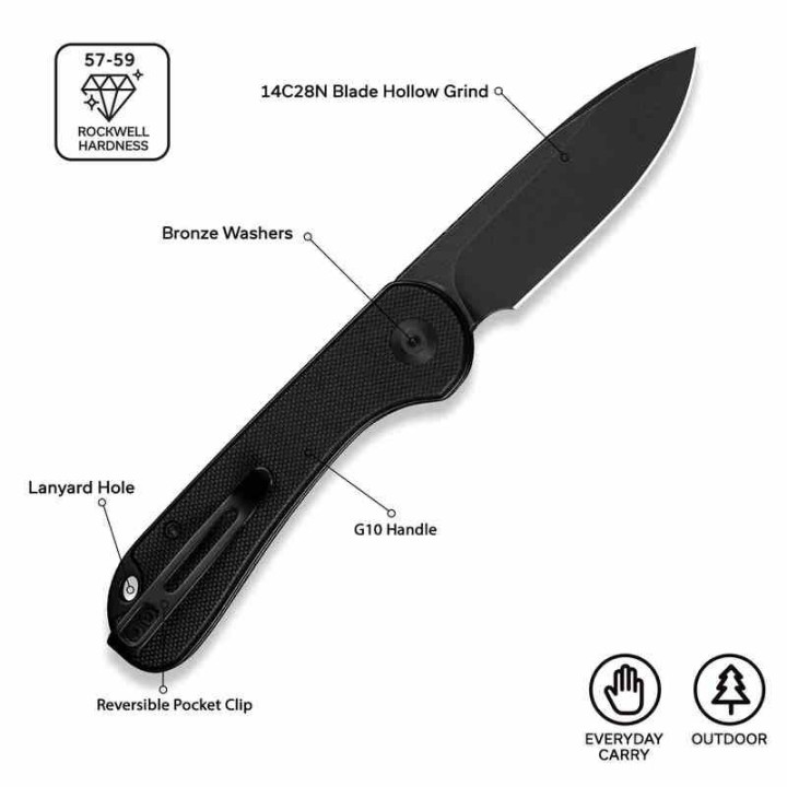 Couteau CIVIVI Elementum Slipjoint Black Lame Drop Point Acier 14C28N Manche G10 Clip CIVC18062AJ1 - Livraison Gratuite