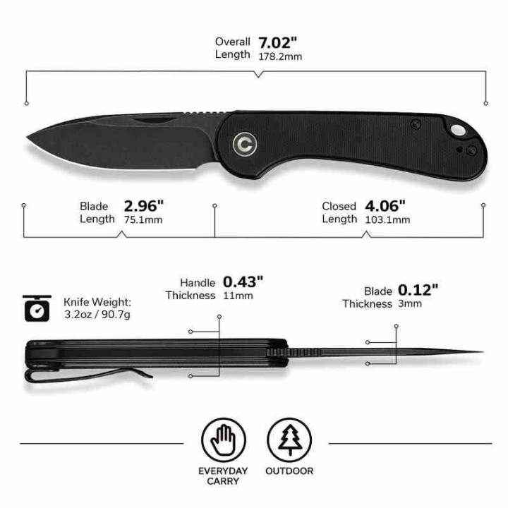 Couteau CIVIVI Elementum Slipjoint Black Lame Drop Point Acier 14C28N Manche G10 Clip CIVC18062AJ1 - Livraison Gratuite