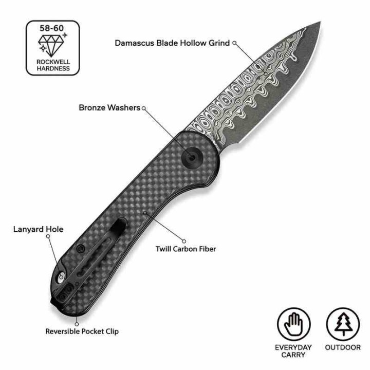 Couteau CIVIVI Elementum Slipjoint Lame Damas Drop Point Manche Fibre de Carbone Clip C18062AJDS1 - Livraison Gratuite