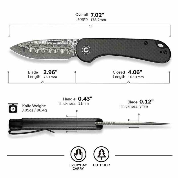 Couteau CIVIVI Elementum Slipjoint Lame Damas Drop Point Manche Fibre de Carbone Clip C18062AJDS1 - Livraison Gratuite