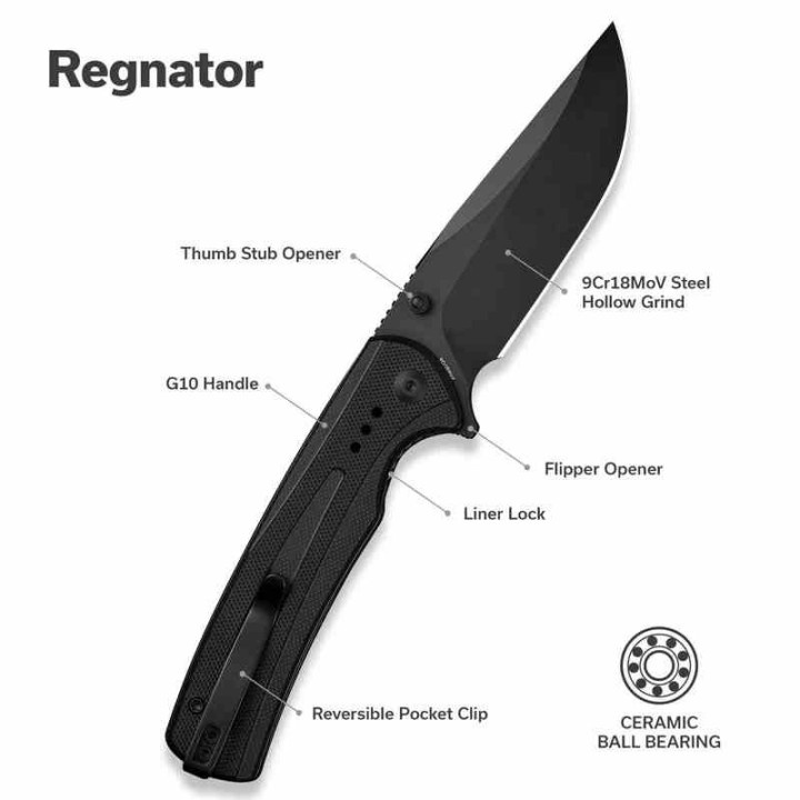 Couteau Sencut Regnator Black Lame Clip Point Acier 9Cr18MoV Manche G10 Linerlock IKBS Clip S240571 - Livraison Gratuite