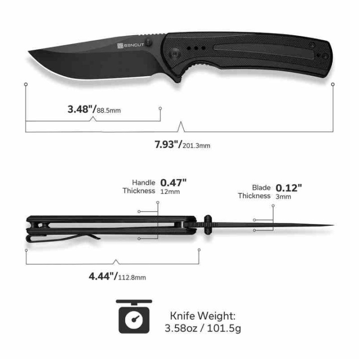 Couteau Sencut Regnator Black Lame Clip Point Acier 9Cr18MoV Manche G10 Linerlock IKBS Clip S240571 - Livraison Gratuite