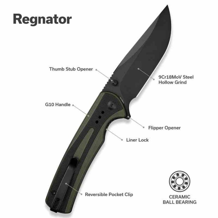 Couteau Sencut Regnator OD/Black Lame Clip Point Acier 9Cr18MoV Manche G10 Linerlock IKBS Clip S240572 - Livraison Gratuite