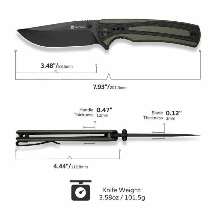 Couteau Sencut Regnator OD/Black Lame Clip Point Acier 9Cr18MoV Manche G10 Linerlock IKBS Clip S240572 - Livraison Gratuite