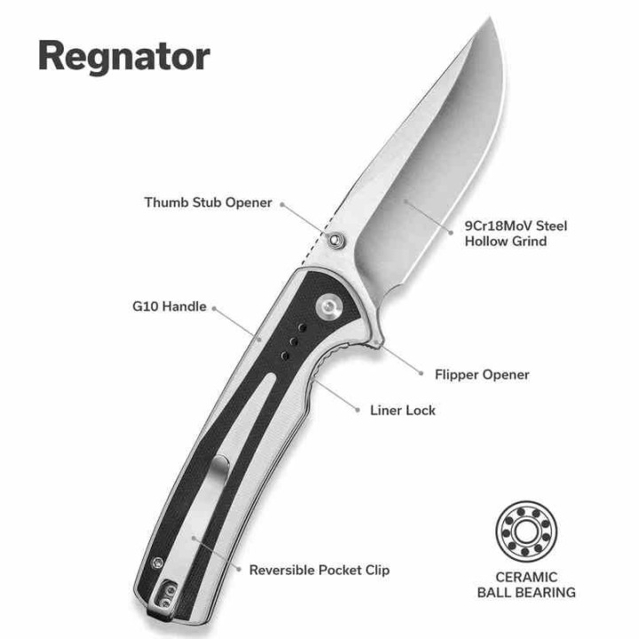 Couteau Sencut Regnator White/Black Lame Clip Point Acier 9Cr18MoV Manche G10 Linerlock IKBS Clip S240573 - Livraison Gratuite